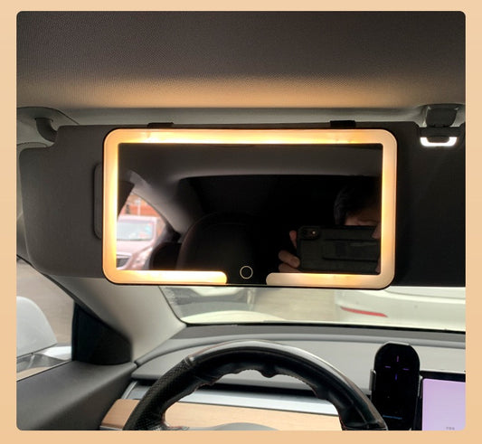Minimalist LED Car Makeup Mirror with Strap & Rechargeable Design